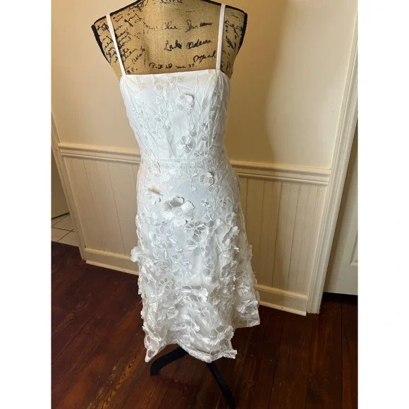 Lulus White 3D Floral Embroidered Midi Dress Square Neck Adjustable Straps XS - Picture 2 of 7